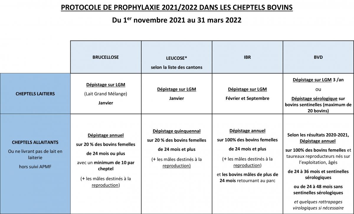 Protocole de prophylaxie 2021/2022 dans les cheptels bovins.