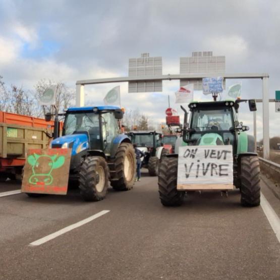 Parmi les 200 tracteurs réunis sur la N57 bon nombre den eux arboraient des pancartes. ©Mélanie Becker