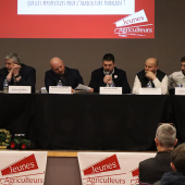 (De G. à D.) M. Megis, admin. JA national, D. Gremillet, sénateur et CR, J. Mathieu, Pdt CDA88 et GE, N. Lallemand et G. Blaise, co-présidents JA 88, P. Clément, pdt FDSEA, X. Bailly, pdt JA GE, S. Humbert, député 88 et L. Marcos, dir. DDT. © C. COQUET