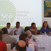 (De G. à D.) Jules Thines, FRSEA GE, Antoine Clavel, JA GE, Pierre Bessin, DRAAF GE, Benoît Levêque, FRSEA GE, Fabrice Couturier, FRSEA GE, Béatrice Moreau, Région GE, Charlotte Vassant, FNSEA et Jean-Philippe Puig, ex-DG du groupe Avril. © M. FALIBOIS