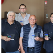 (De G. à D.) Cyril Oudin, Yohann Barbe et Rémi Bregeot avec trois des anciens présidents de l’UPLV : Alain Floriot, Denis Lanterne et Guy Barlier. Photo Marion Falibois