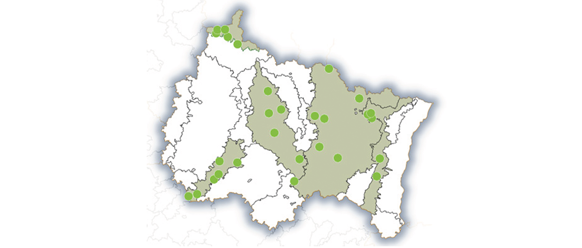 Carte Grand Est des régions fourragères et des sites suivis dans le cadre de l’Onph en 2024.
