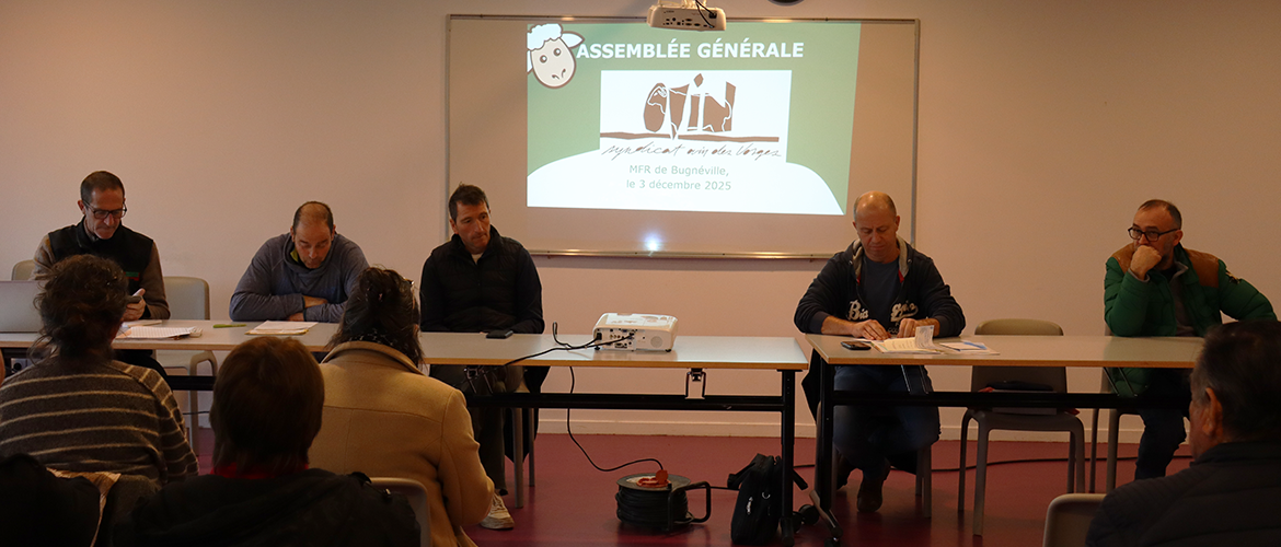 (De G. à D.) Dominique Candau, technicien ovin, CDA 88, Jean-Yves Poirot, pdt syndicat ovin 88, Stéphane Richard, responsable partenariat bouchers/ éleveurs, Frédéric Antonot, trésorier syndicat ovin 88 et Olivier Lavancier, exploitant. © M. FALIBOIS