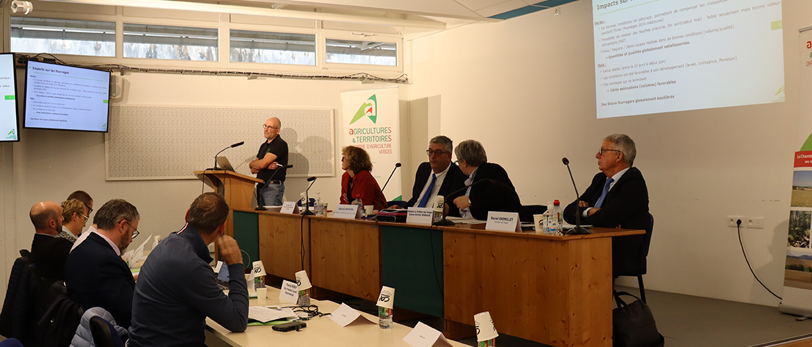 (De G. à D.) Rémi Georgel, resp. pôle développement et prospective, Anne-Marie Vieu, dir. générale Chambre d’Agriculture 88, Jerôme Mathieu, pdt Chambre d’Agriculture, Valérie Michel-Moreaux, préfète  et Daniel Gremillet, sénateur des Vosges. © Photo Cami