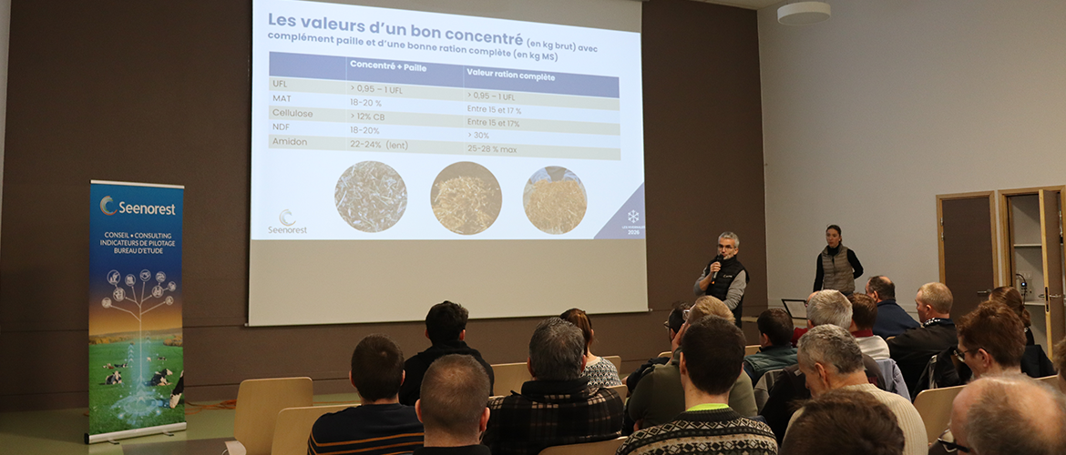 Rémi Enriquet et Odeline Thomir, conseillers d’élevage, ont réalisé la présentation de la matinée. © Photo Camille COQUET