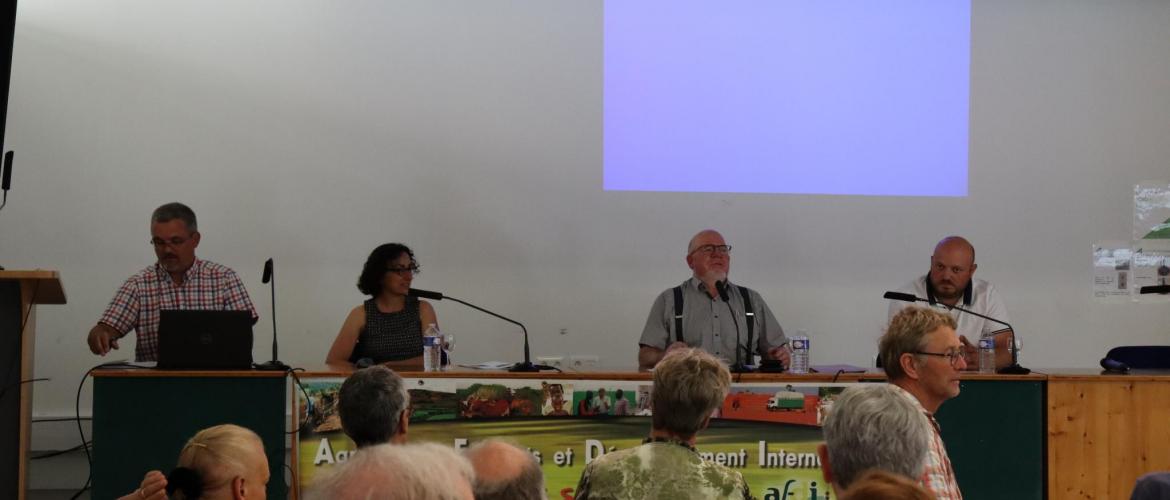 (De G. à D) Marc François, animateur AFDI Lorraine, Flore Ferraro, chargée de mission à l’AFDI nationale, Denis Marin, vice-président de l’AFDI Lorraine, Nicolas Lallemand, co-président des JA 88 ©Marion Falibois